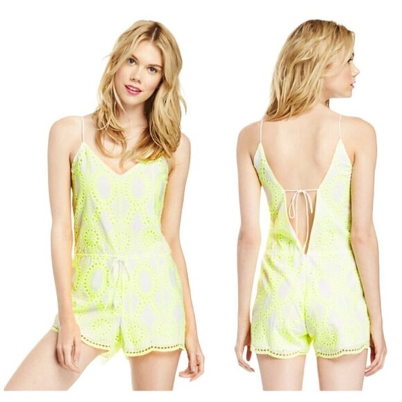 DV Dolce Vita Romper Women Small Yellow Neon‎ Eyelet Lace V Neck Tie Back Shorts - Picture 1 of 12